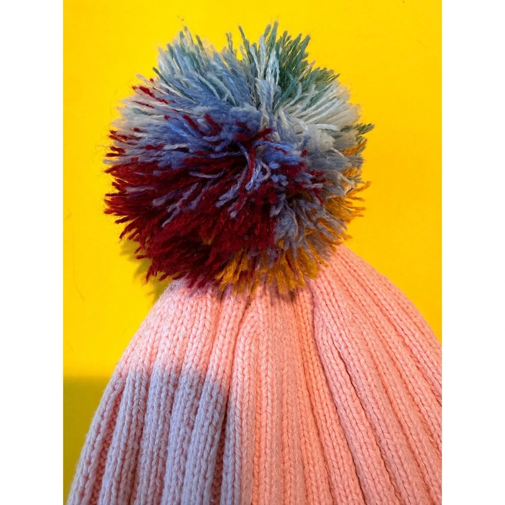 NWOT Hanna Andersson Kids Pink Ribbed Knit Beanie Multi-Color Pom Pom Hat Small